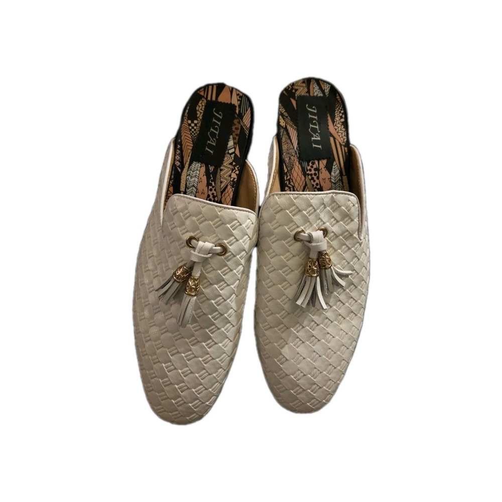JITAI Women's Woven Tassel‎ Slip-On Mules White Faux Leather Size 10 Loafers...